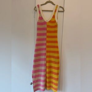 STAUD Colorful Knit Midi Dress in Pink and Orange